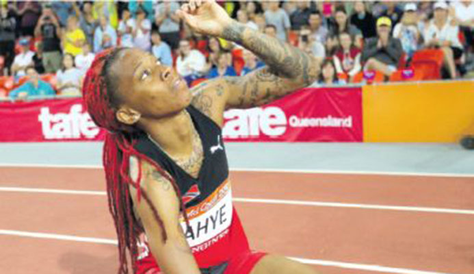 Michelle-Lee Ahye of Trinidad and Tobago reacts after winning the women’s 100m final at Carrara Stadium during the Commonwealth Games on the Gold Coast yesterday. More reactions on Pages A5 & A29 PICTURE AP