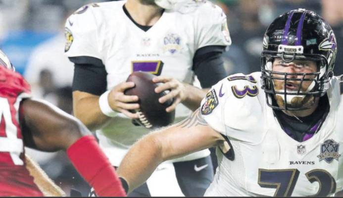 In this October 26, 2015, ﬁle photo, Baltimore Ravens guard Marshal Yanda (73) blocks during an NFL football game against the Arizona Cardinals, in Glendale, Arizona. PICTURE AP