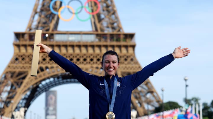 Gold medalist Kristen Faulkner of Team United States poses on the podium during the Women's Road Race on day nine of the Olympic Games Paris 2024 at Trocadero on August 04, 2024 in Paris, France. Tim De Waele | Getty Images Sport | Getty Images (Image obtained at cnbc.com)