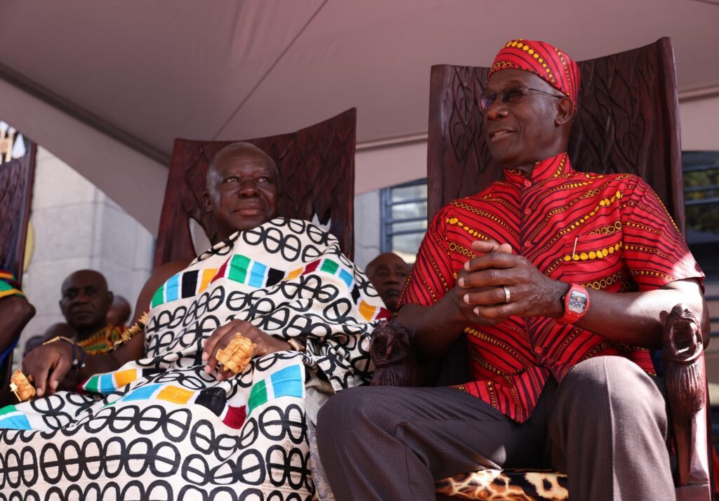 Prime Minister Dr Keith Rowley sits with The Asantehene, His Royal Majesty Otumfuo Osei Tutu II, during the Emancipation Day procession at the Treasury Building, Port of Spain on August first, 2023. FILE PHOTO/ COURTESY OPM - (Image obtained at newsday.co.tt)