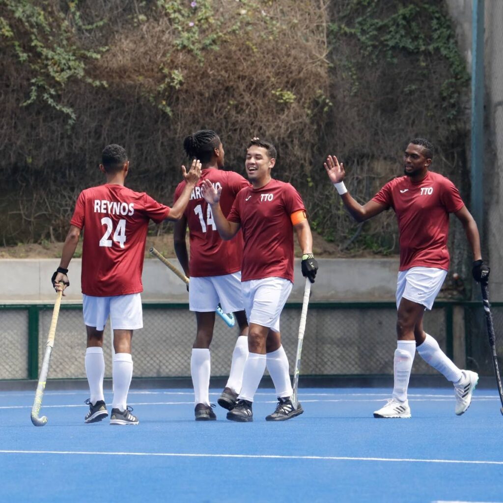 Trinidad and Tobago hockey men's players celebrate a goal. PHOTO COURTESY PAN AMERICAN HOCKEY FEDERATION FACEBOOK PAGE - (Image obtained at newsday.co.tt)