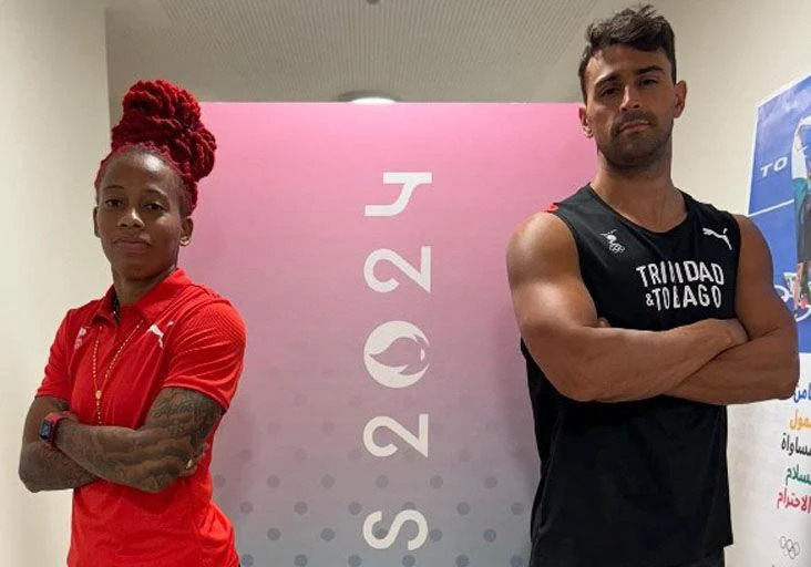 JOINT HONOUR: Michelle-Lee Ahye and Dylan Carter at the Games Village in Paris, France, yesterday, following the announcement that they will carry the Trinidad and Tobago flag, at the Paris 2024 opening ceremony.  —Photo courtesy Team TTO (Image obtained at trinidadexpress.com)