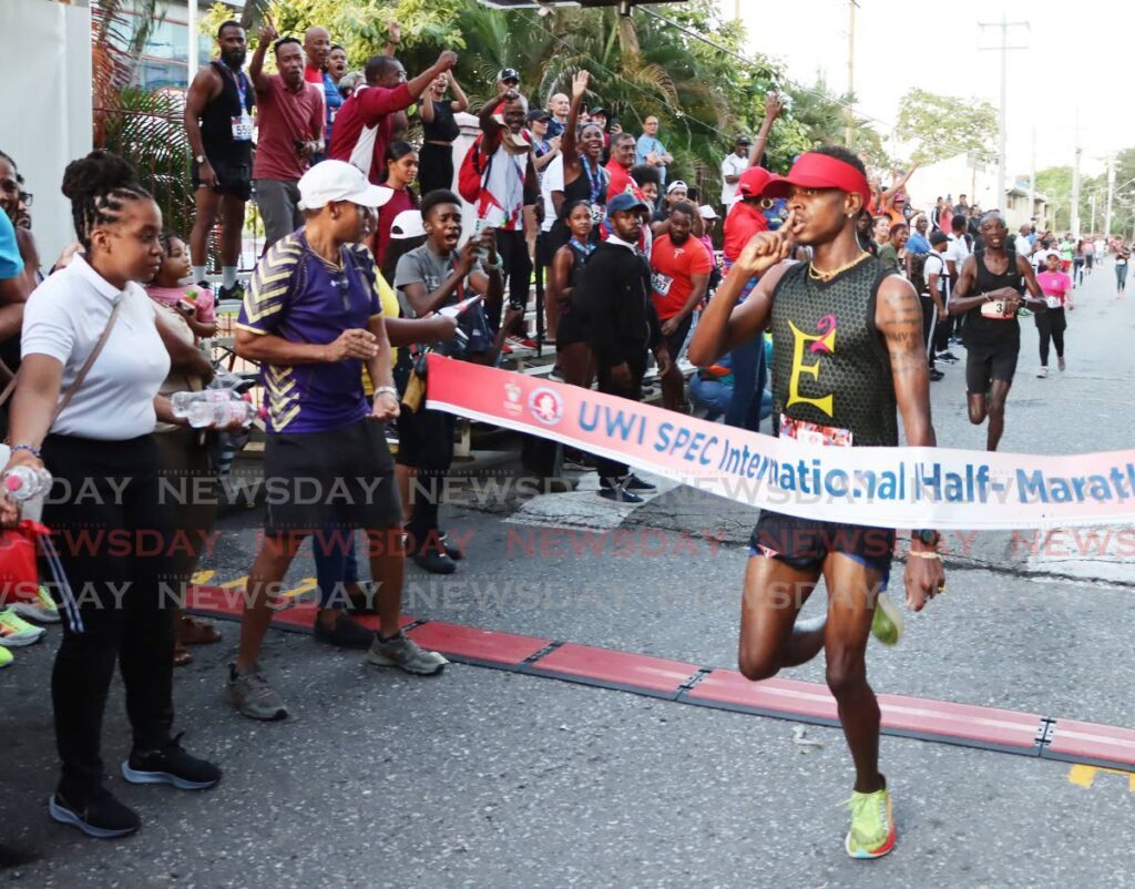 Tafari Waldron finishes first in the 2024 UWI SPEC International Half-Marathon. - Photo by Ayanna Kinsale (Image obtained at newsday.co.tt)