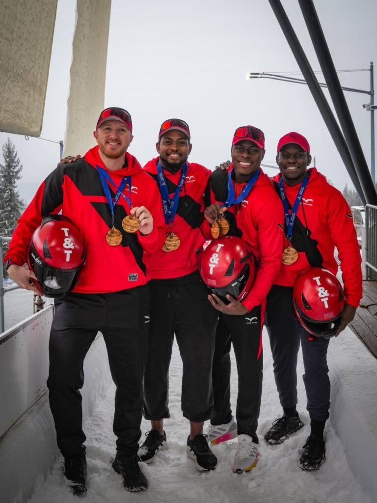 TT's Axel Brown, Xaverri Williams, De Aundre John and Shakeel John show off their four-man bobsleigh extended podium medals earned at the North America Cup in Whistler, Canada, last weekend. - (via Axel Brown) (Image obtained at newsday.co.tt)